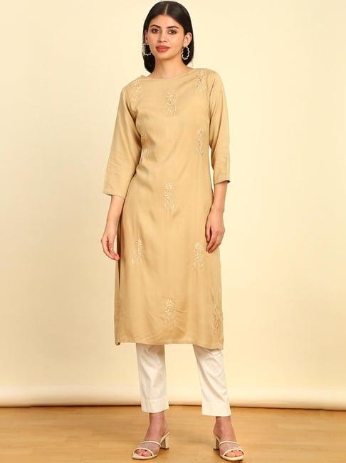 soch womens beige rayon floral embroidered straight kurta