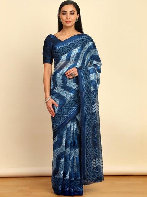 soch womens blue abstract print chiffon saree