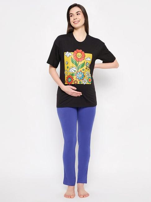 clovia black & blue graphic print maternity top with pyjamas