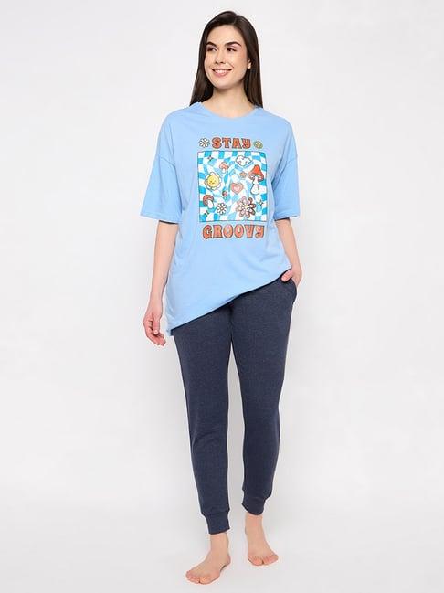 clovia blue graphic print top with joggers