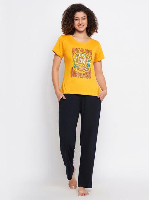 clovia yellow & black graphic print top with pyjamas