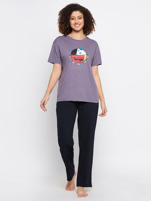 clovia blue & purple graphic print top with pyjamas