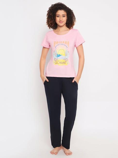 clovia blue & pink graphic print top with pyjamas