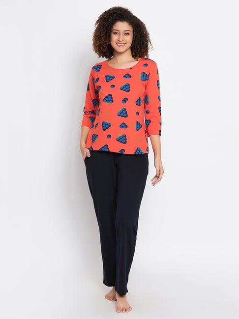 clovia blue & coral printed top with pyjamas