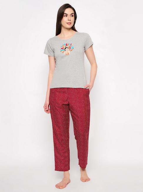 clovia grey & maroon polka dot print top with pyjamas