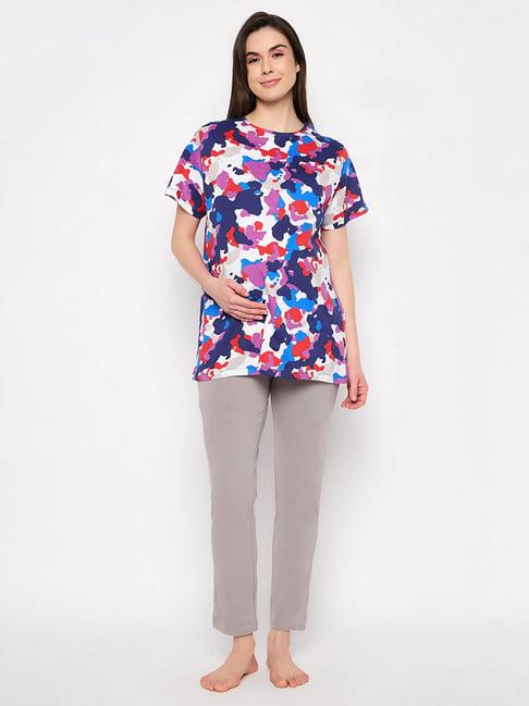 clovia multicolor printed maternity top with pyjamas