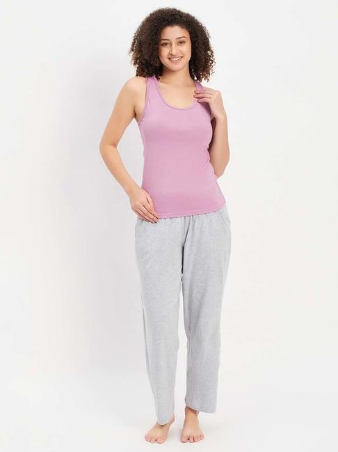 clovia lilac & grey cotton tank top pyjamas set