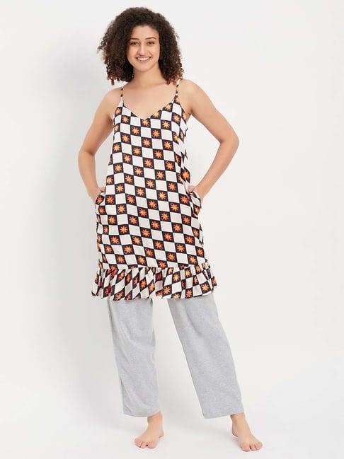 clovia grey cotton printed night dress pyjamas set