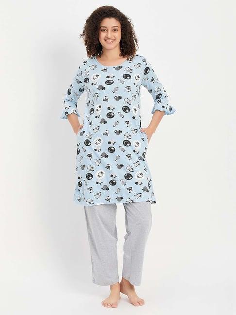 clovia blue & grey cotton printed sleep tees pyjamas set