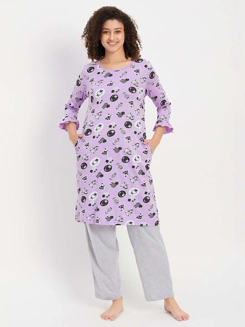 clovia purple & grey cotton printed sleep tees pyjamas set