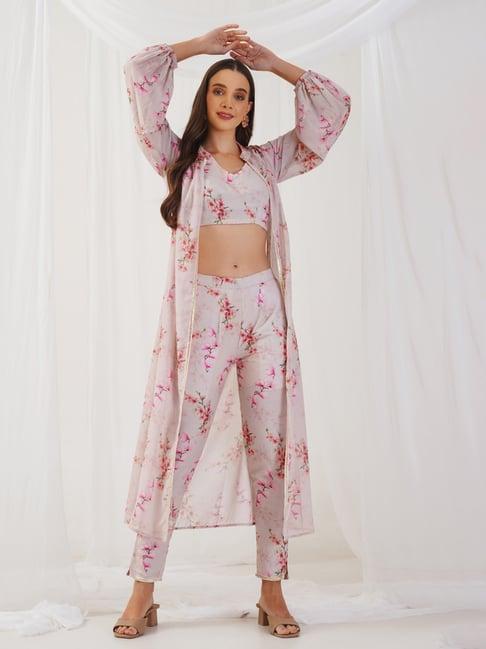 jompers light pink printed top & pant set with jacket