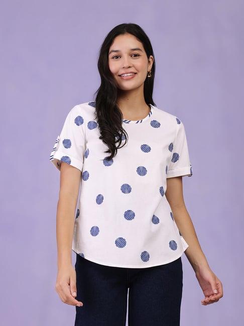 pink fort white & blue cotton polka dot top