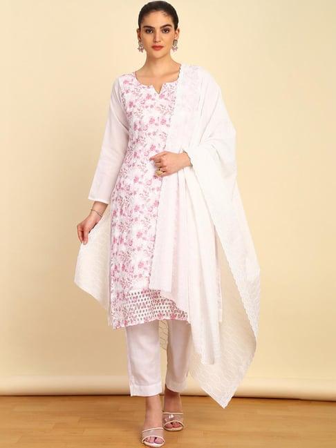 soch womens white cotton embroidered unstitch dress material with schiffli