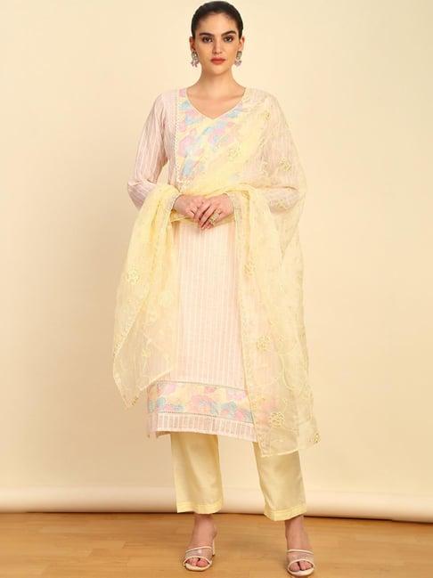 soch womens light yellow chanderi unstitch dress material with sequins