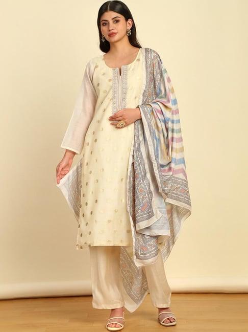 soch womens cream chanderi woven design unstitch dress material with thread work