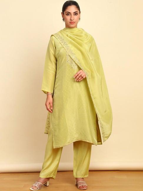 soch womens light green silk blend embroidered unstitch dress material with sequins