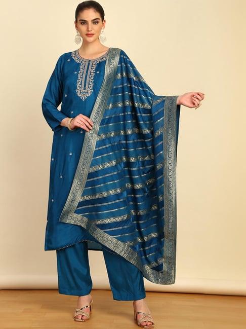 soch womens blue silk blend embroidered unstitch dress material