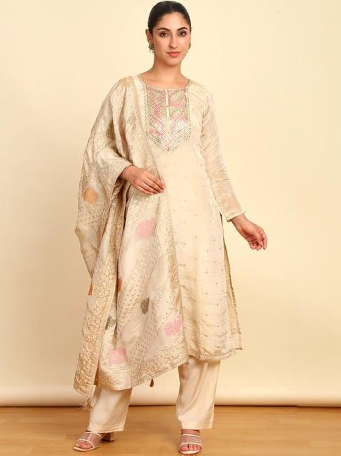 soch womens cream silk blend embroidered unstitch dress material with faux mirror