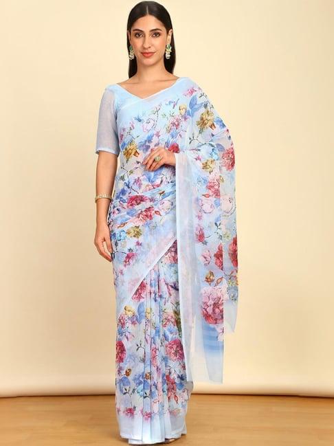 soch womens blue georgette floral print saree