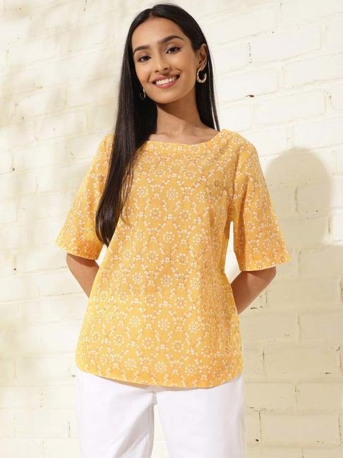 fabindia yellow cotton printed top