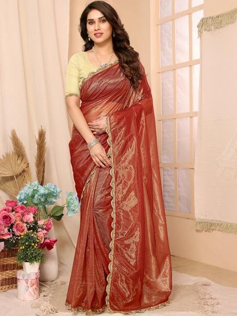 fabmora maroon embellished saree with unstitched blouse