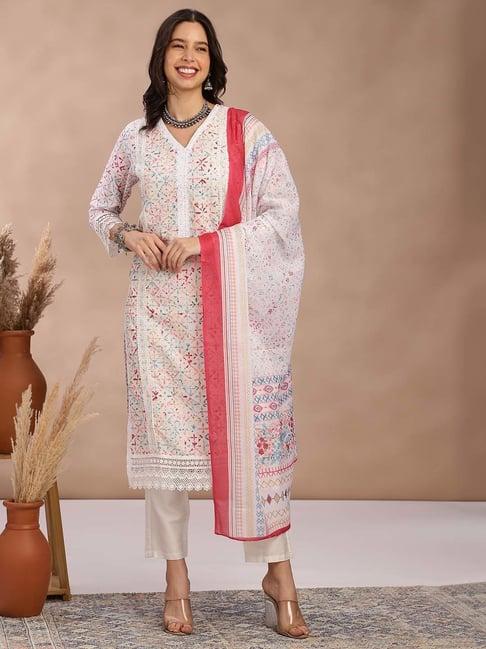 fabmora off-white cotton printed kurta pant set with dupatta