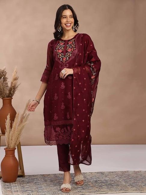 fabmora maroon embroidered kurta pant set with dupatta