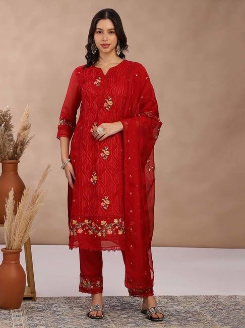 fabmora red embroidered kurta pant set with dupatta