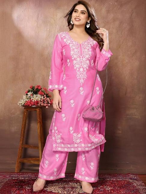 fabmora pink embroidered kurta palazzo set