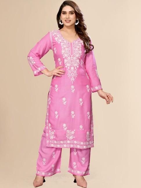 fabmora pink embroidered kurta palazzo set