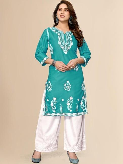 fabmora green & white embroidered kurta palazzo set