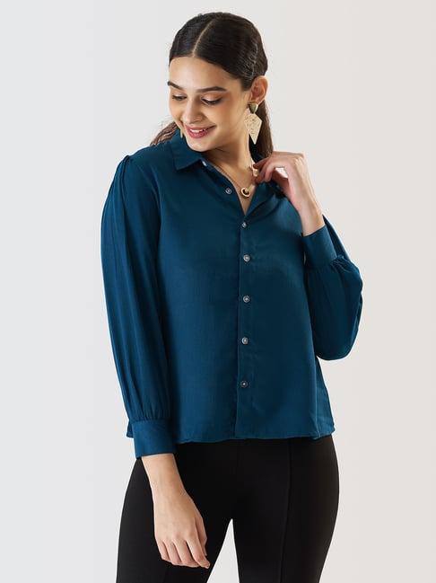 prettify dark blue regular fit shirt style top