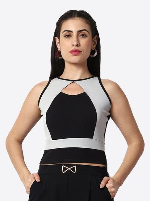 prettify black & grey color-block crop top