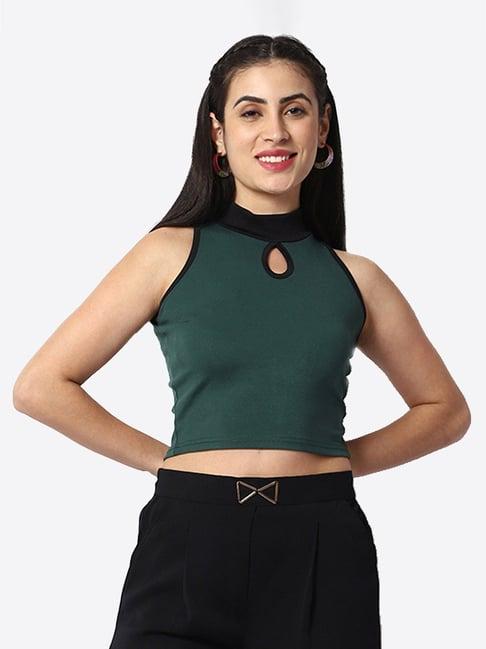 prettify dark green regular fit crop top