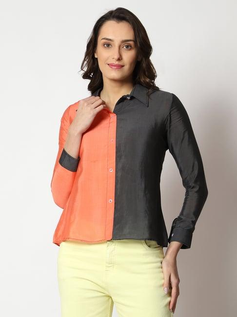 prettify black & orange color-block shirt style top