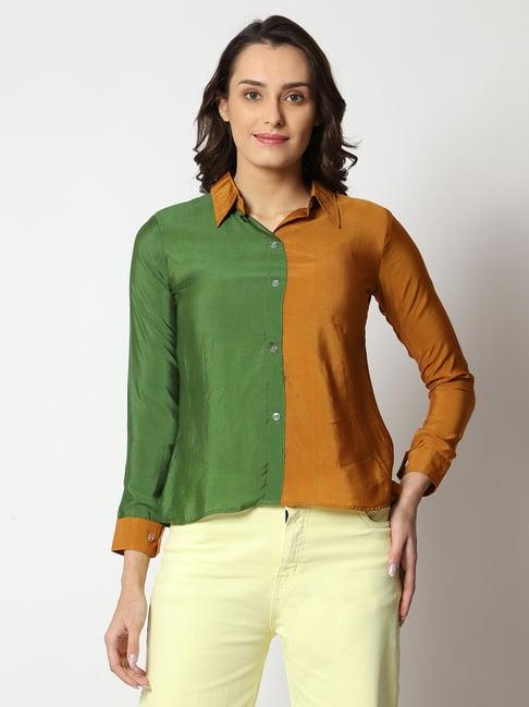 prettify green & mustard color-block shirt style top