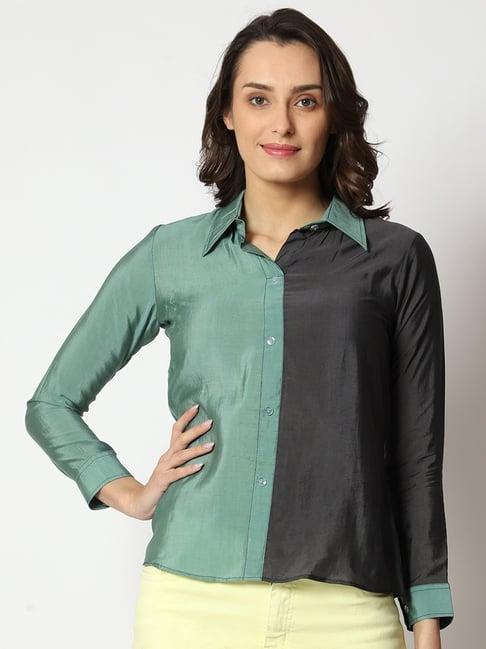 prettify green & black color-block shirt style top