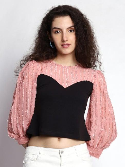 prettify black & pink self design crop top