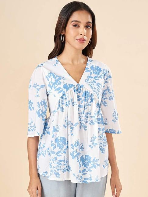 akkriti by pantaloons white & blue printed top