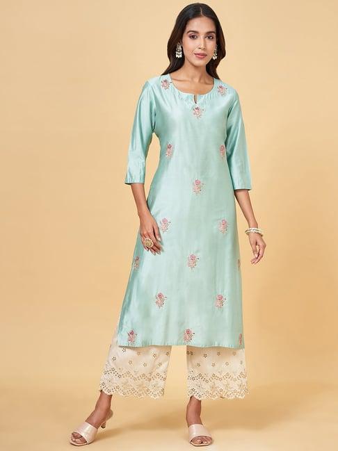 rangmanch by pantaloons blue embroidered straight kurta