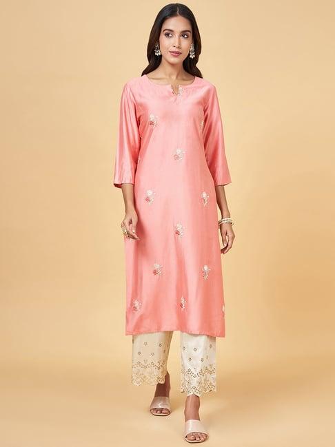 rangmanch by pantaloons pink embroidered straight kurta