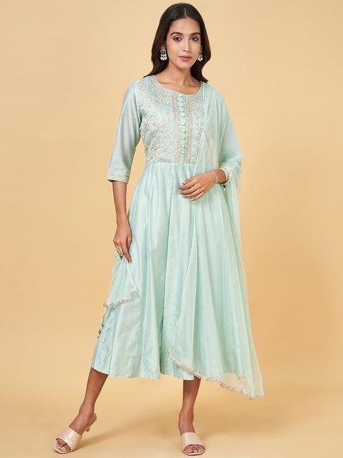 rangmanch by pantaloons blue embroidered flared kurta with dupatta