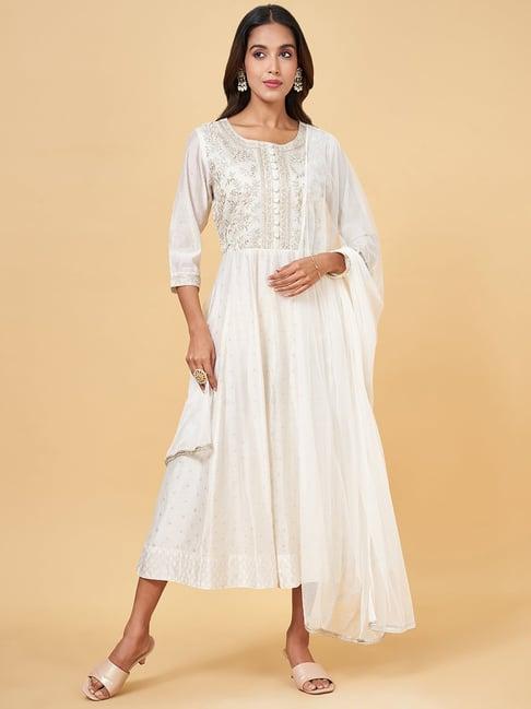 rangmanch by pantaloons white embroidered flared kurta with dupatta