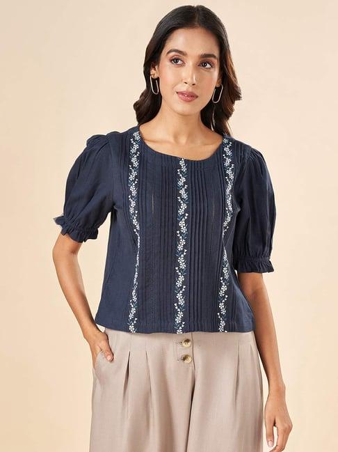 akkriti by pantaloons navy cotton embroidered top