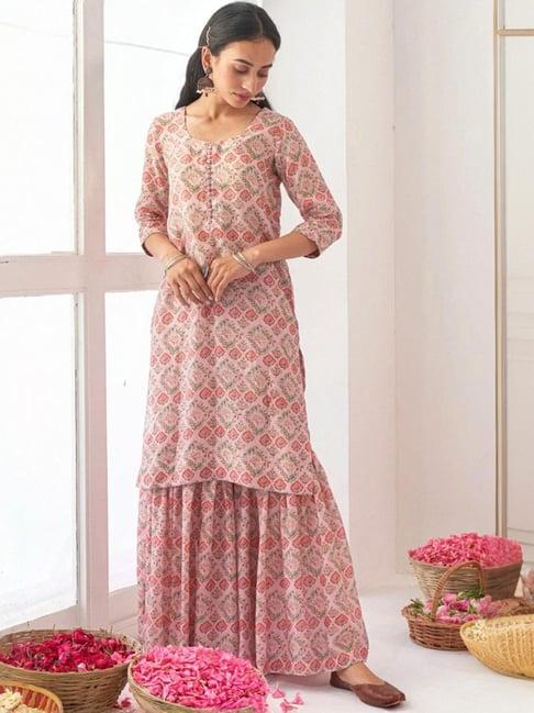 odette peach floral print kurta sharara set with dupatta