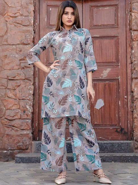 odette grey floral print kurti palazzo set