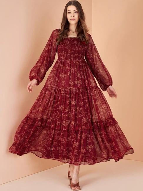 odette maroon floral print maxi dress