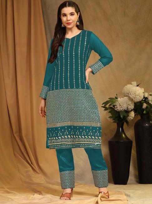 odette teal blue embellished unstitched dress material