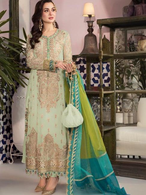 odette pista green embroidered unstitched dress material