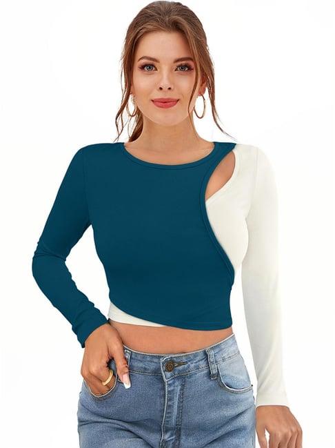 odette blue & white color-block crop top